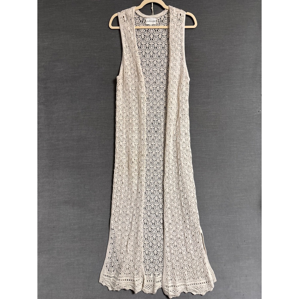 Freshman 1996 Crochet Vest L Cream Open Knit Maxi Duster Boho Layer 90s Cardigan